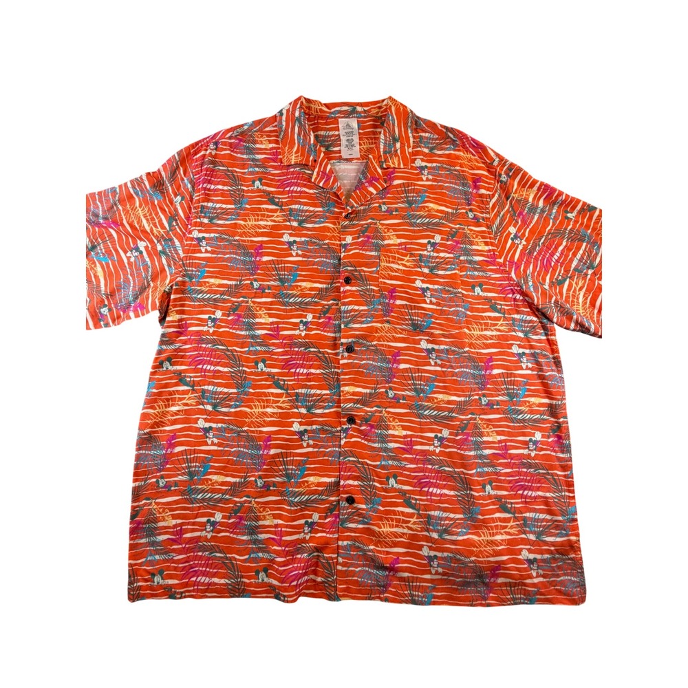 Disney Parks Mickey Mouse Mens XXL Orange Tropical Palm Stripe Button Down Shirt